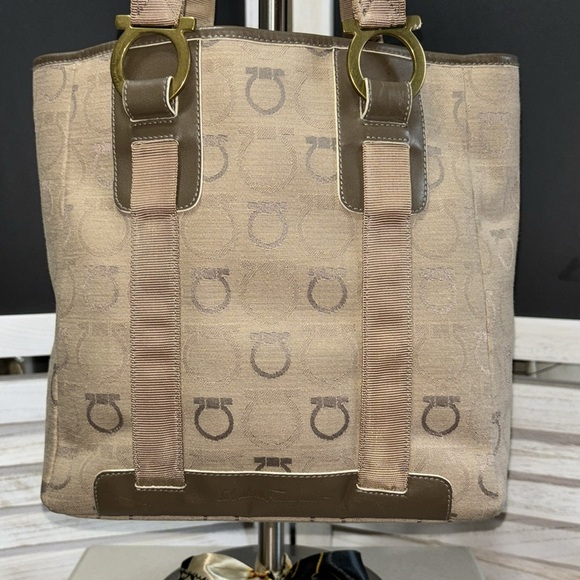 Salvatore Ferragamo Gancini Logo Leather Trim Khaki Tote Handbag,EUC, - Picture 3 of 12